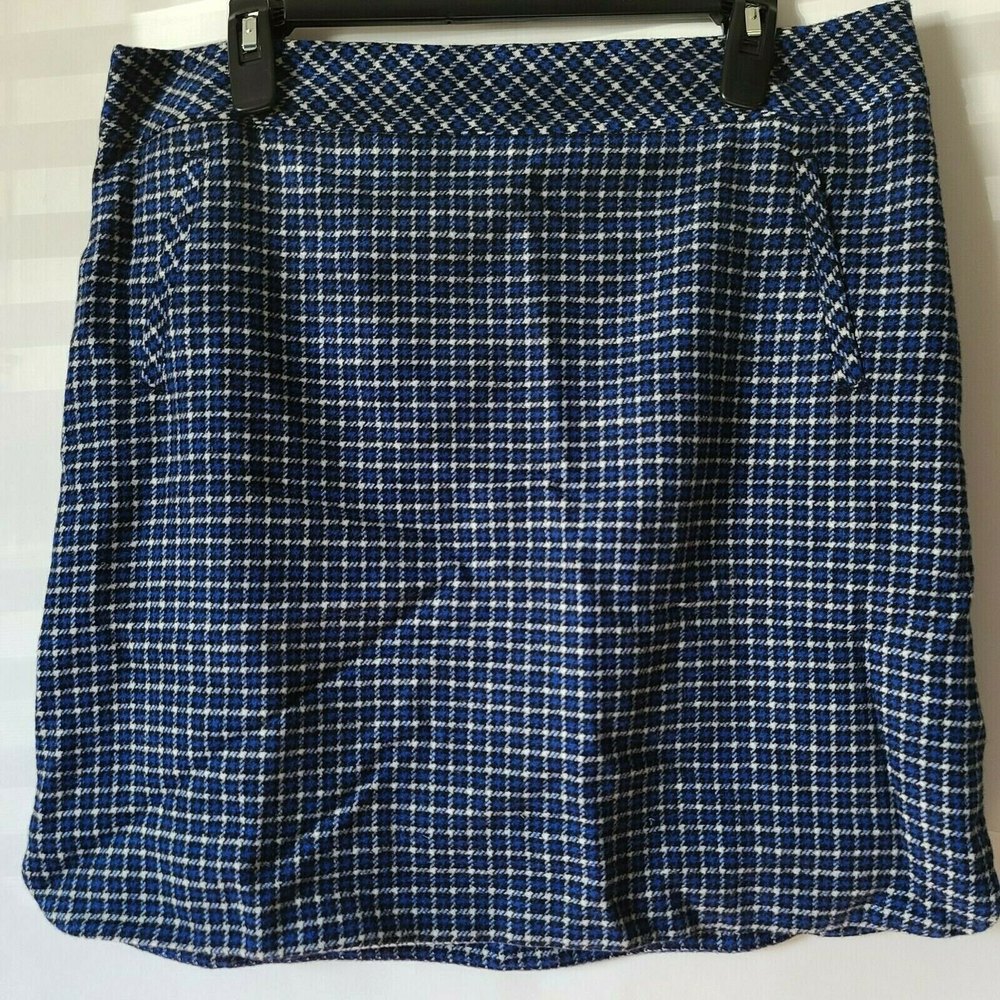 Talbots Petites Plaid Pencil Skirt Curved Side Slits Blue Black White Sz 16P NWT